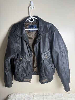 Cougar Black Leather Bomber Jacket for Men